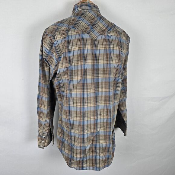 ATB Authentic Western Shirt Men 16 32/33 Brown Blue Plaid Snap Down - Picture 14 of 16
